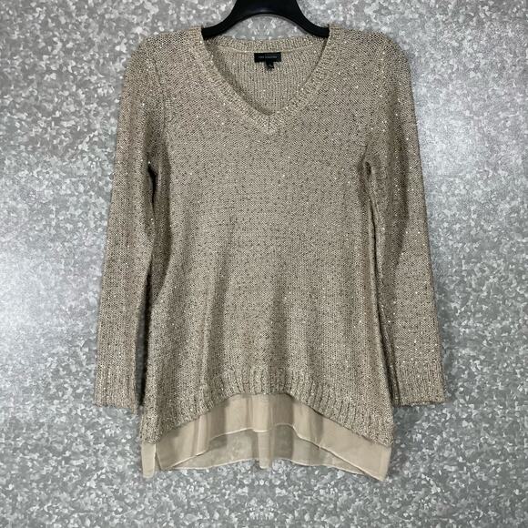 The Limited Beige Sequin Chiffon Hem Open Knit Sweater - Size Small - V-Neck - Picture 1 of 6